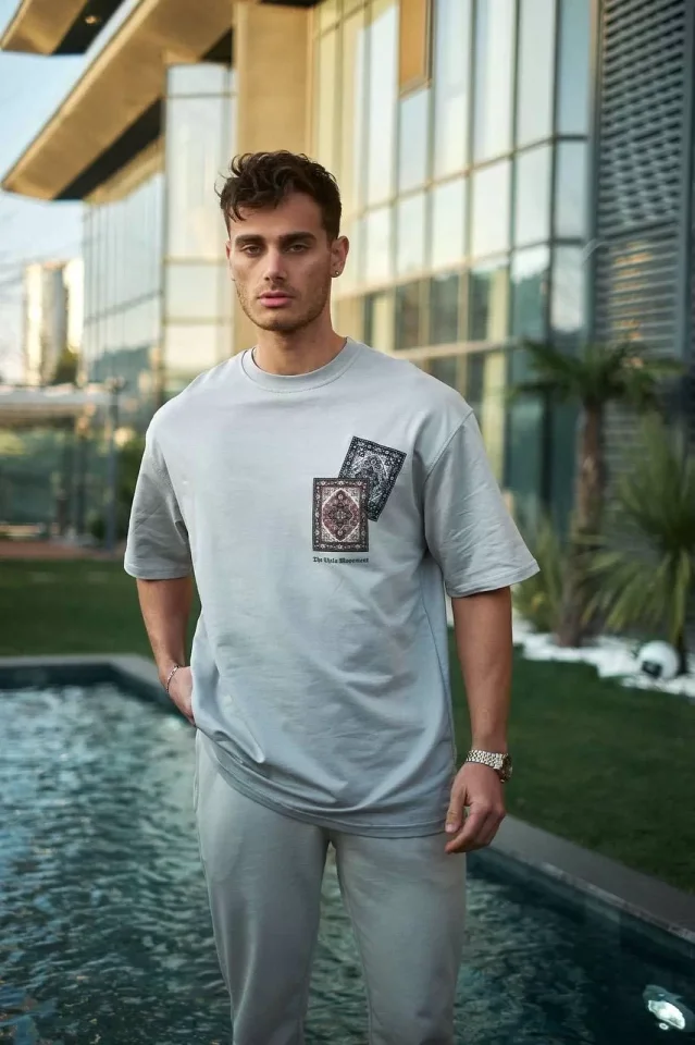 Unisex Bisiklet Yaka Baskılı Oversize T-Shirt – Boyalı Gri