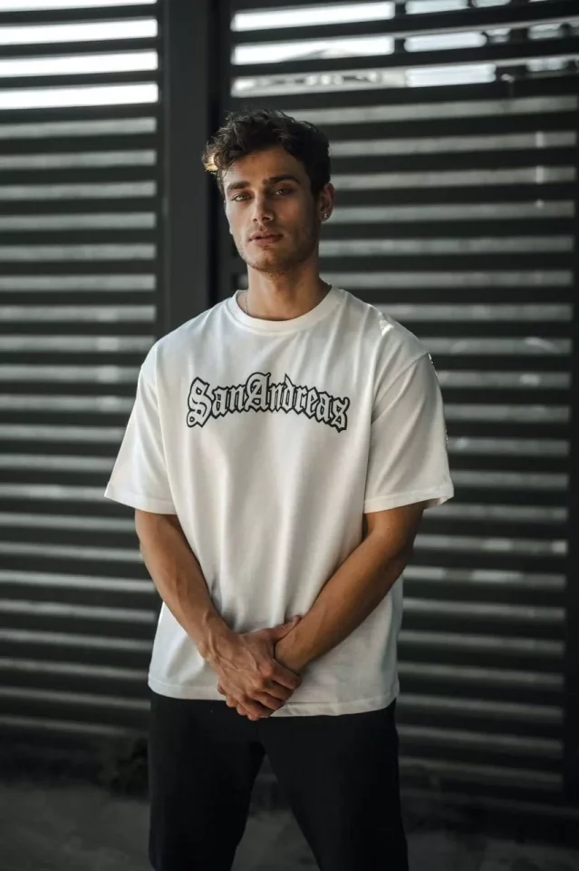 Unisex Bisiklet Yaka Baskılı Oversize T-Shirt – Beyaz
