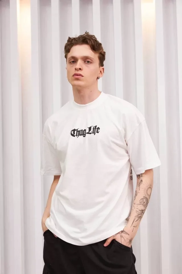 Unisex Bisiklet Yaka Baskılı Oversize T-Shirt – Beyaz