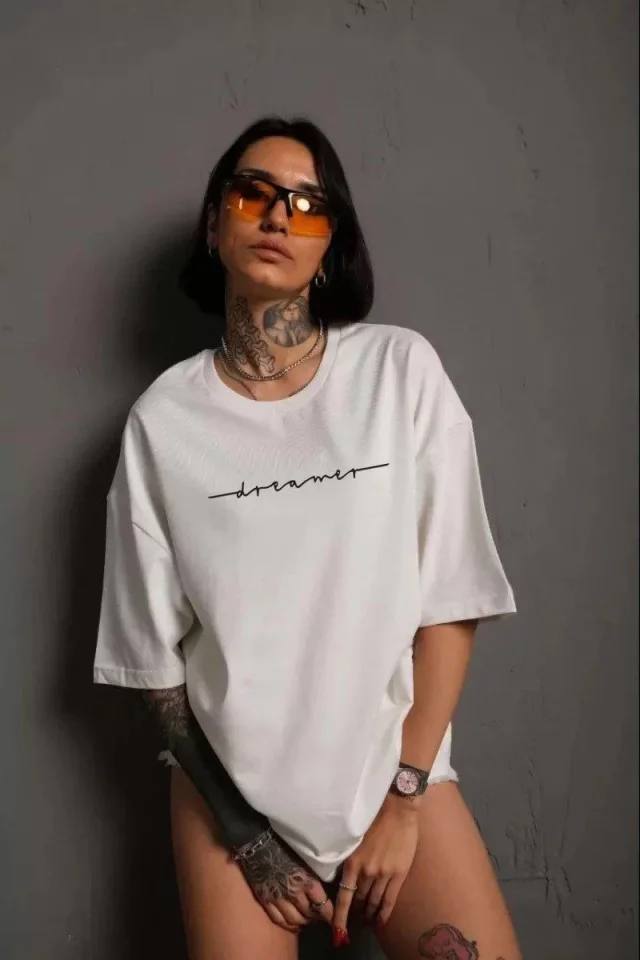 Unisex Bisiklet Yaka Baskılı T-Shirt – Beyaz