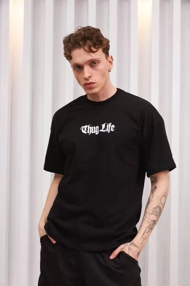 Unisex Bisiklet Yaka Baskılı Oversize T-Shirt – Siyah