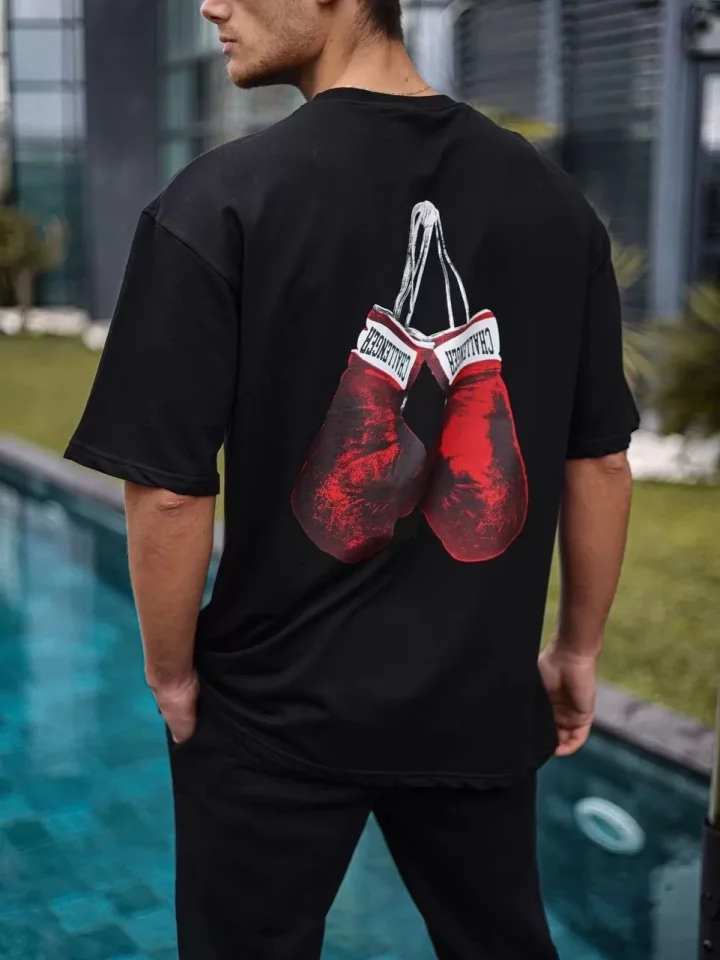 Unisex Bisiklet Yaka Baskılı Oversize T-Shirt – Siyah