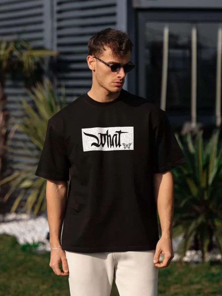 Unisex Bisiklet Yaka Baskılı Oversize T-Shirt – Siyah