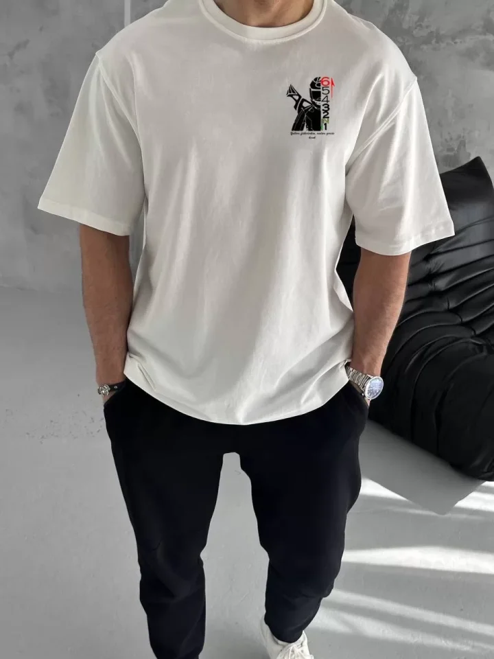 Unisex Bisiklet Yaka Baskılı Oversize T-Shirt – Beyaz