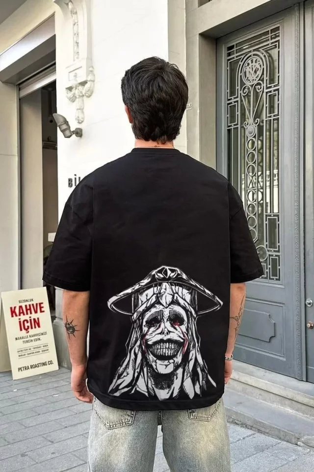 Unisex Bisiklet Yaka Baskılı Oversize T-Shirt – Siyah