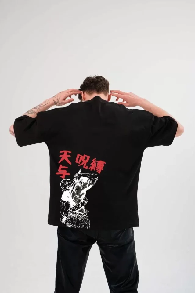 Unisex Bisiklet Yaka Baskılı Oversize T-Shirt – Siyah