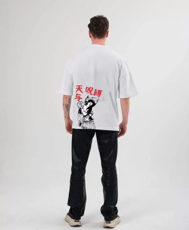 Unisex Bisiklet Yaka Baskılı Oversize T-Shirt - Beyaz