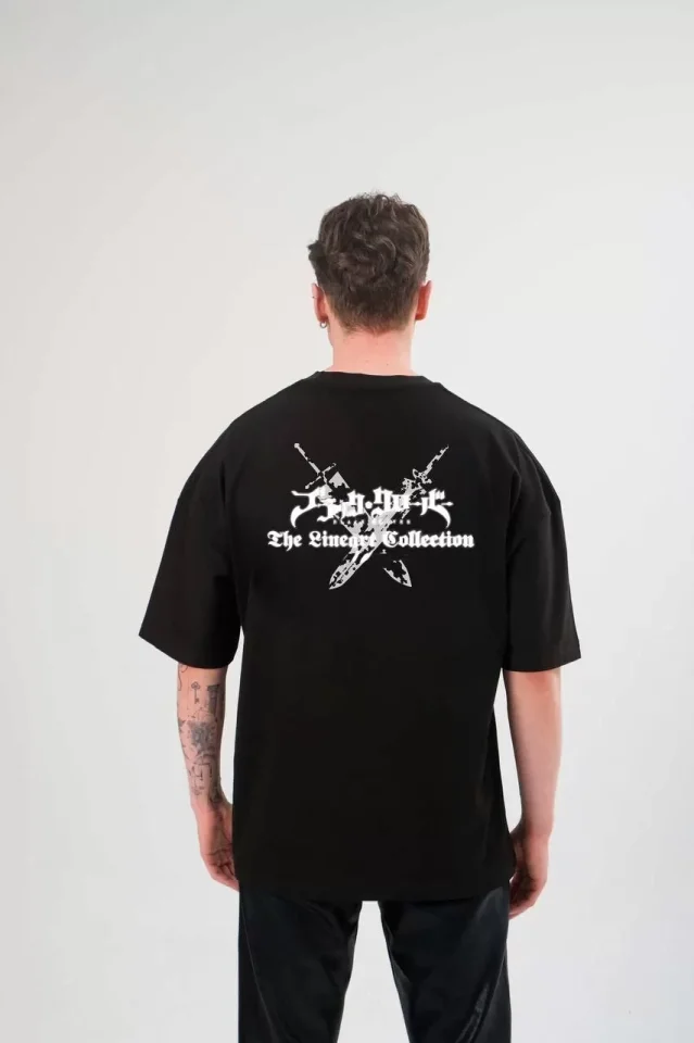 Unisex Bisiklet Yaka Baskılı Oversize T-Shirt – Siyah