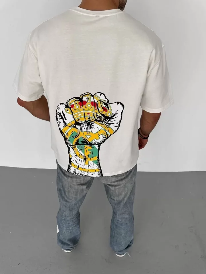 Unisex Bisiklet Yaka Baskılı Oversize T-Shirt - Beyaz