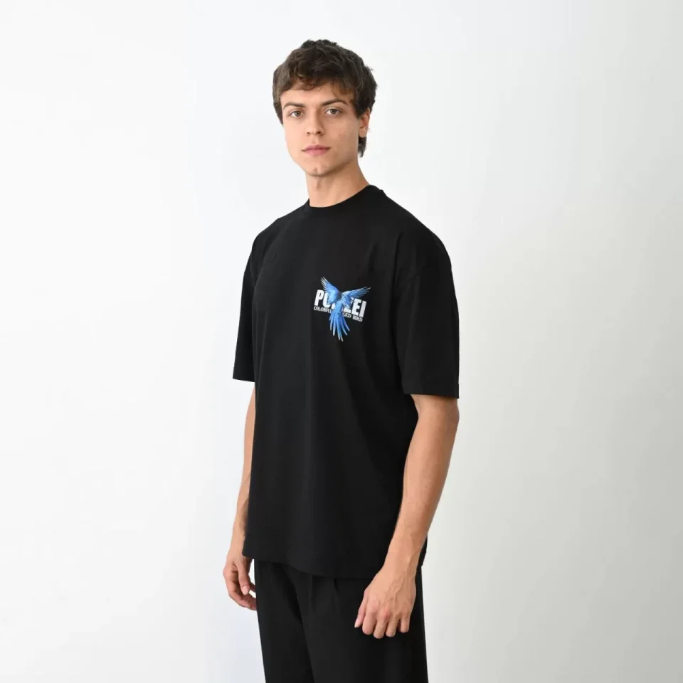 Unisex Bisiklet Yaka Baskılı Oversize T-Shirt – Siyah