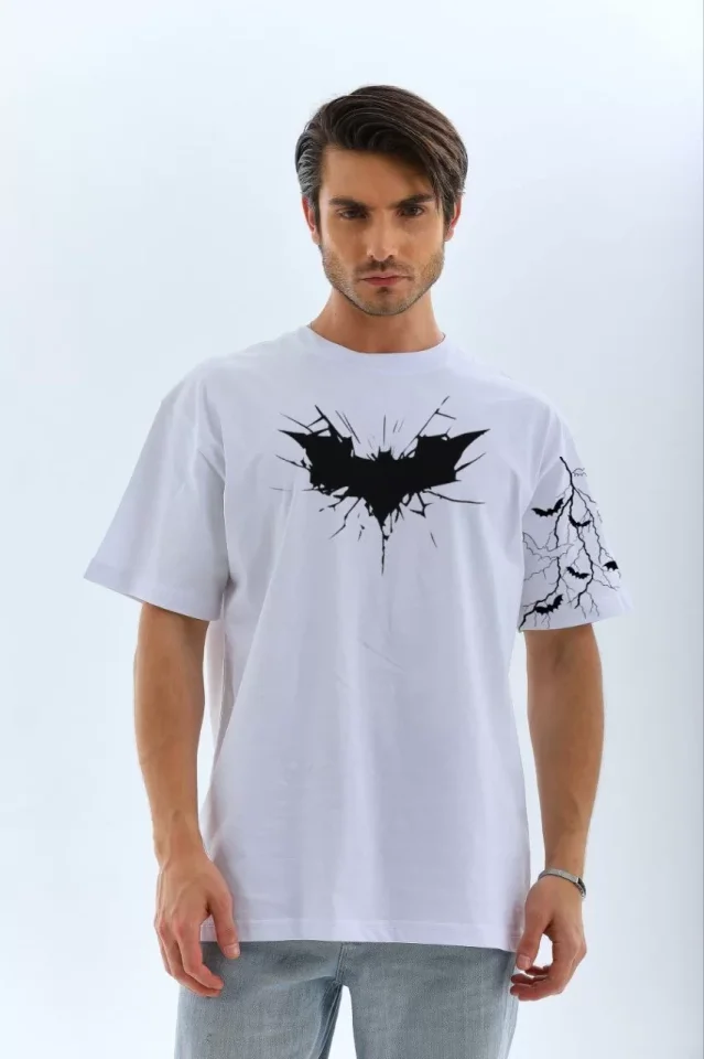 Unisex Ön Ve Kol Baskılı Oversize T-shirt – Beyaz