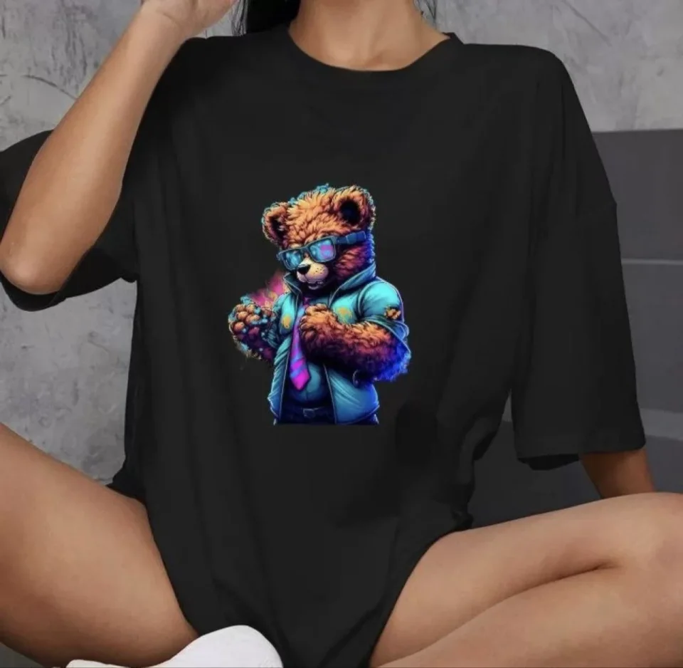 Unisex Bisiklet Yaka Baskılı Oversize T-Shirt – Siyah