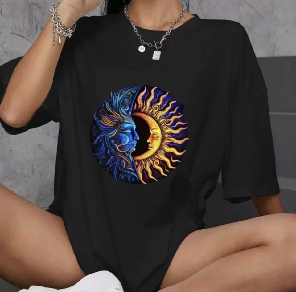 Unisex Bisiklet Yaka Baskılı Oversize T-Shirt – Siyah