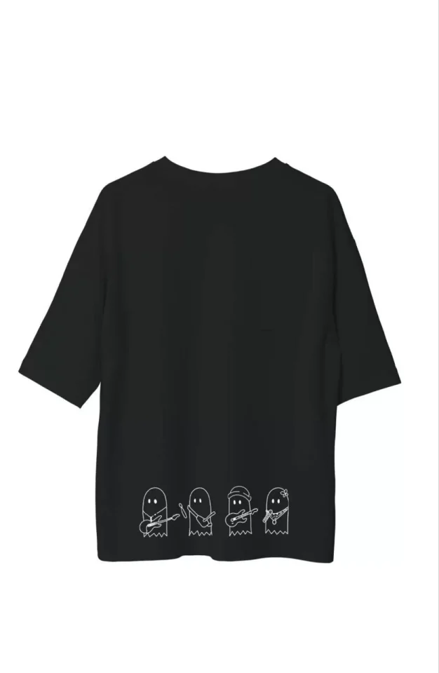 Unisex Bisiklet Yaka Baskılı Oversize T-Shirt – Siyah