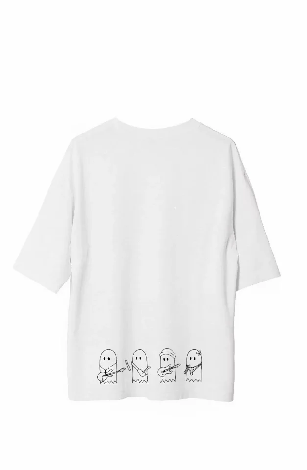 Unisex Bisiklet Yaka Baskılı Oversize T-Shirt – Beyaz