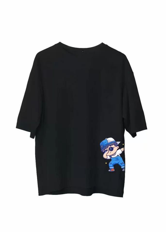 Unisex Bisiklet Yaka Baskılı Oversize T-Shirt – Siyah
