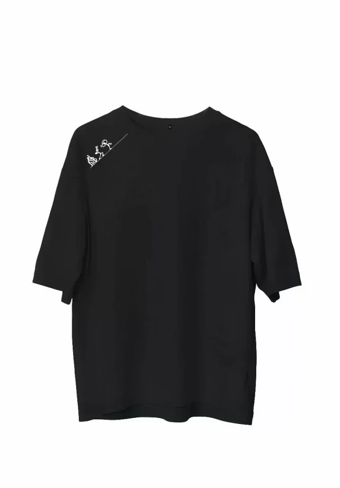 Unisex Bisiklet Yaka Baskılı Oversize T-Shirt – Siyah