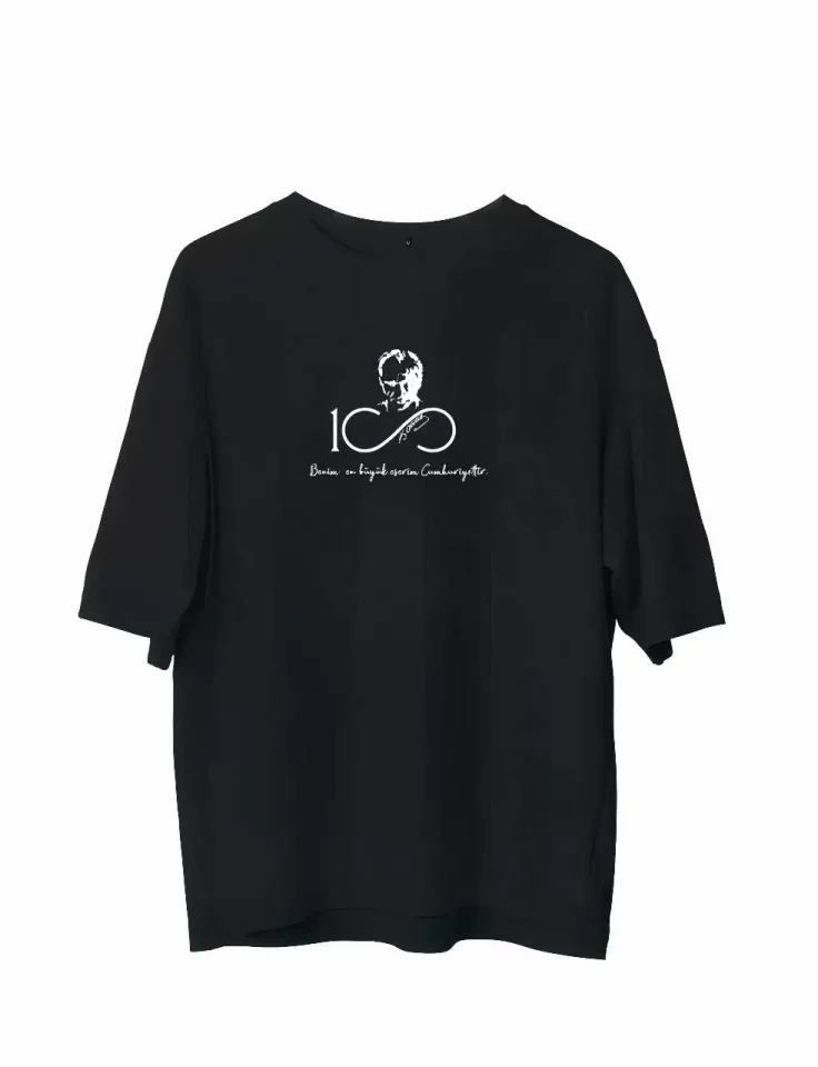 Unisex Bisiklet Yaka Baskılı Oversize T-Shirt - Siyah
