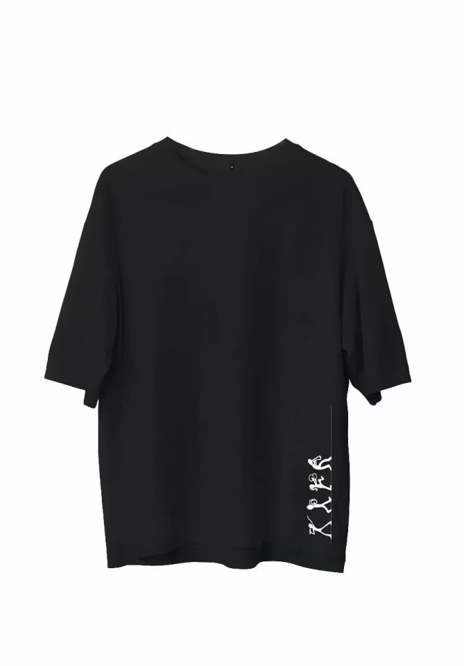 Unisex Bisiklet Yaka Baskılı Oversize T-Shirt – Siyah