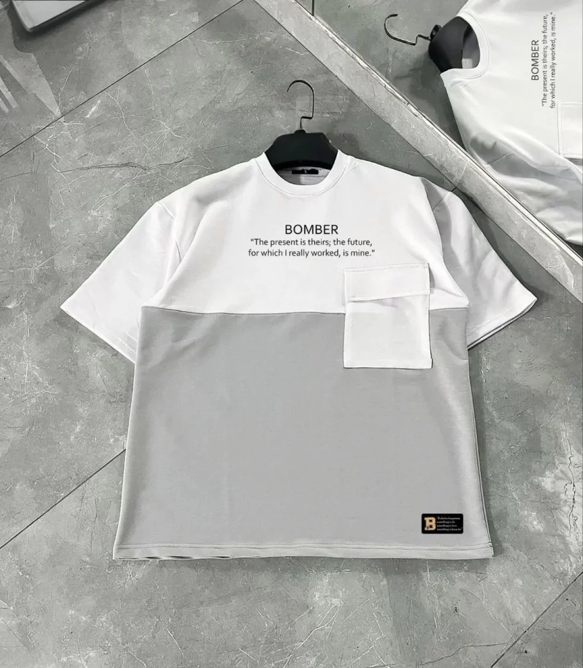 Unisex Torba Cep Detaylı Parçalı T-Shirt - Gri