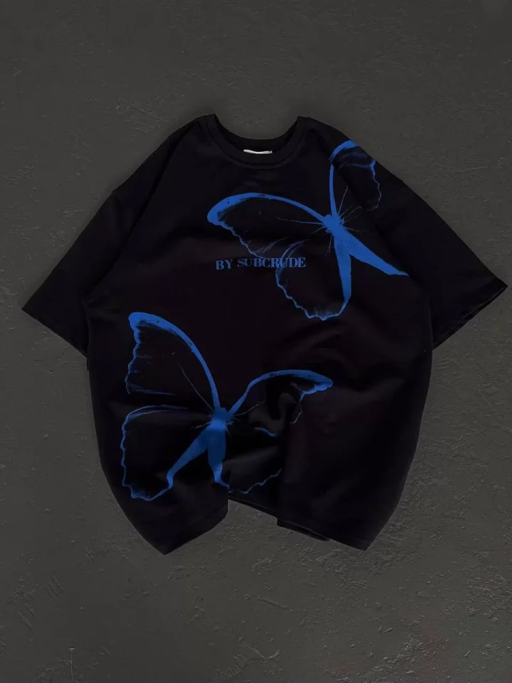 Unisex Bisiklet Yaka Baskılı Oversize T-Shirt – Siyah