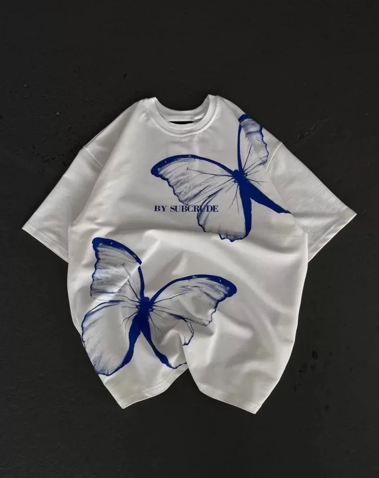 Unisex Bisiklet Yaka Baskılı Oversize T-Shirt – Beyaz