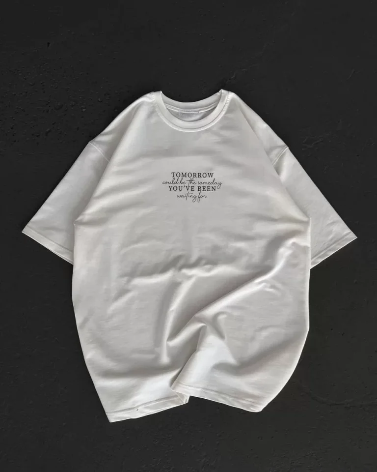 Unisex Bisiklet Yaka Baskılı Oversize T-Shirt – Beyaz
