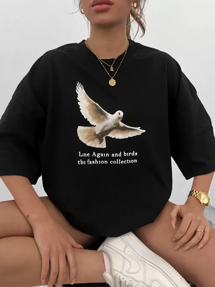 Unisex Bisiklet Yaka Baskılı Oversize T-Shirt – Siyah