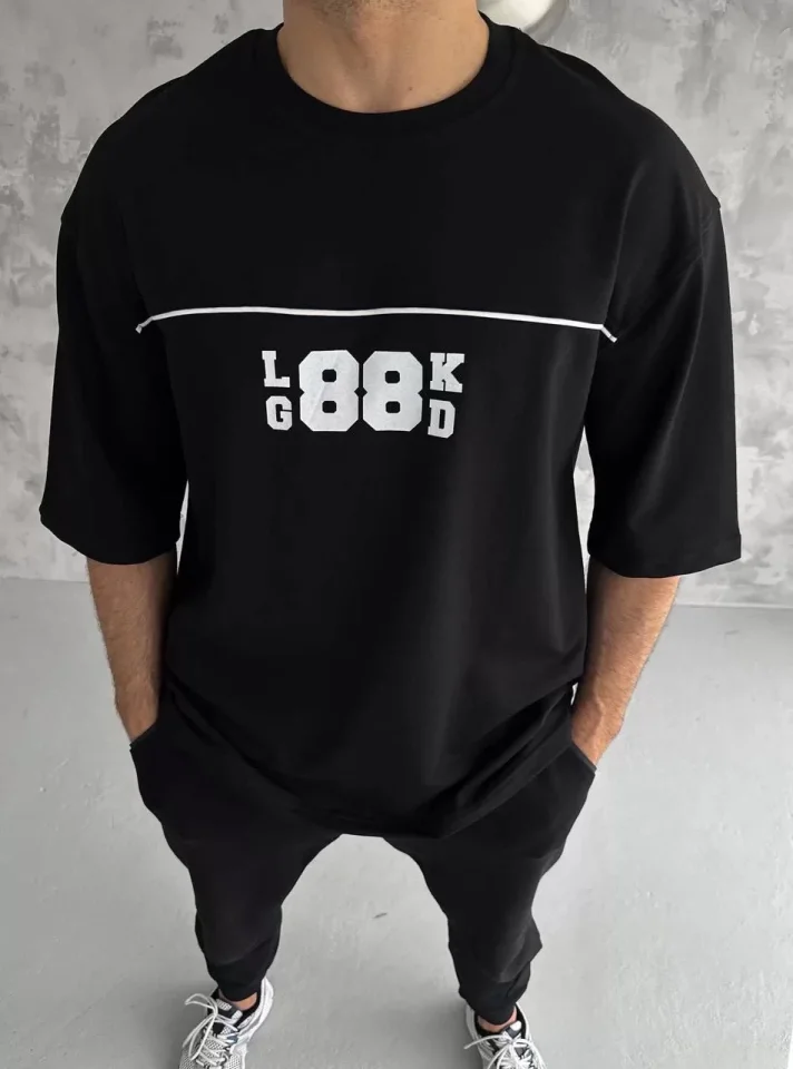 Unisex Bisiklet Yaka Baskılı Oversize T-Shirt – Siyah