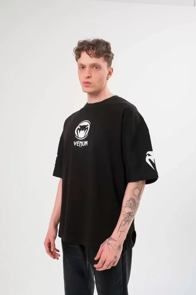 Unisex Bisiklet Yaka Baskılı Oversize T-Shirt – Siyah