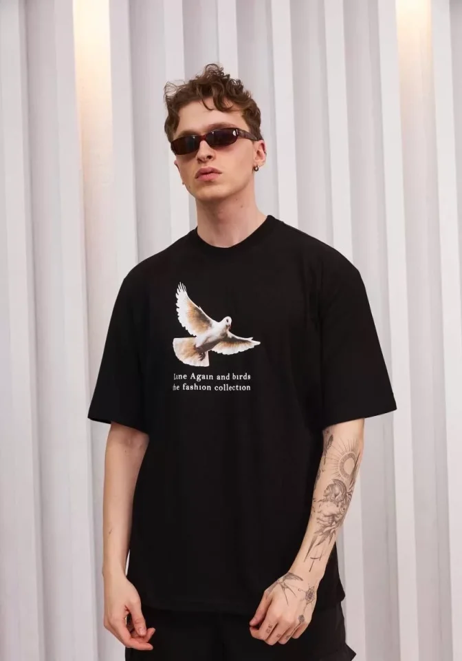 Unisex Bisiklet Yaka Baskılı Oversize T-Shirt – Siyah