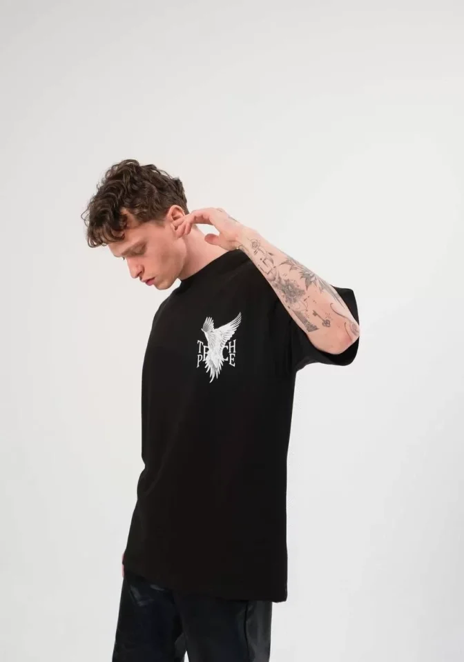 Unisex Bisiklet Yaka Baskılı Oversize T-Shirt – Siyah