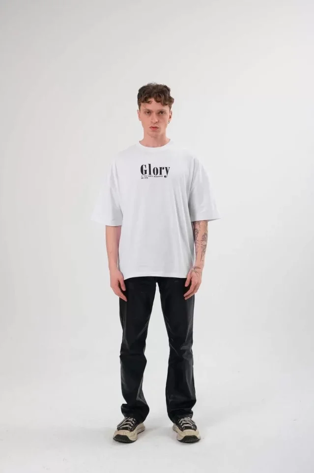 Unisex Bisiklet Yaka Baskılı Oversize T-Shirt – Siyah