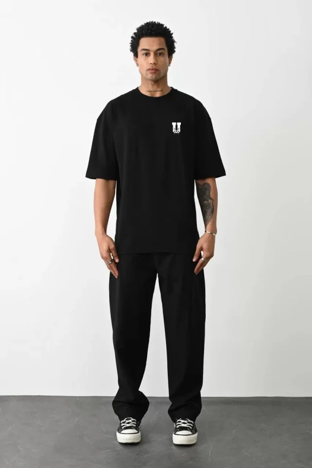Unisex Bisiklet Yaka Baskılı Oversize T-Shirt – Siyah