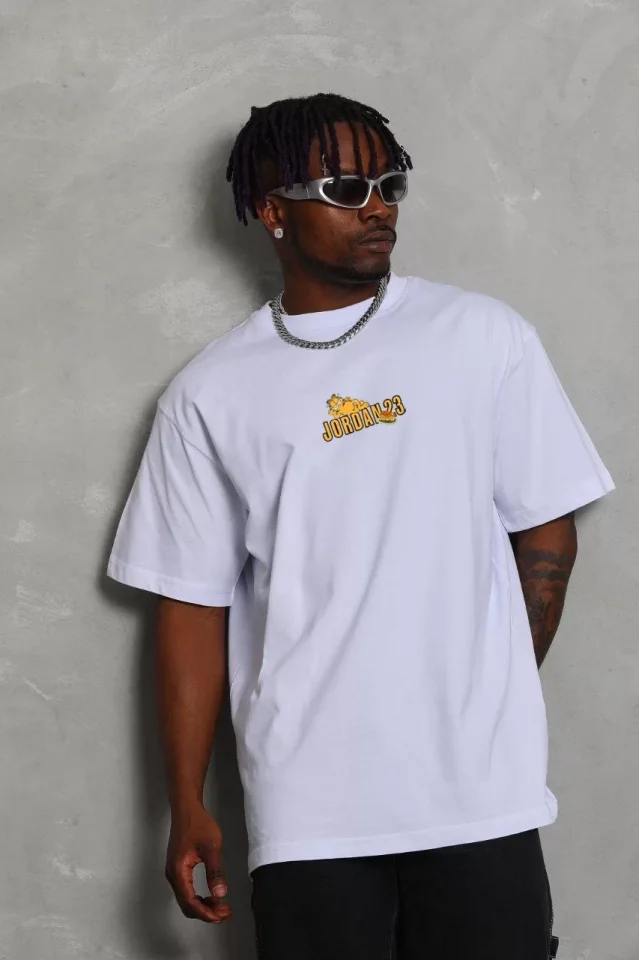 Unisex Bisiklet Yaka Baskılı Oversize T-Shirt – Beyaz
