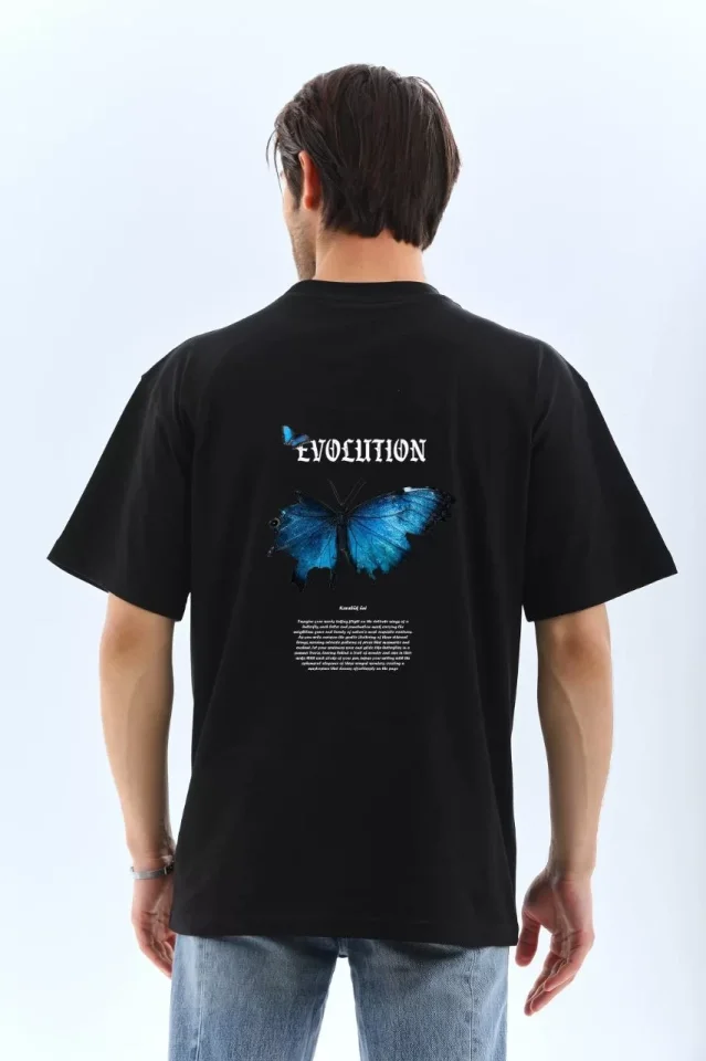 Unisex Bisiklet Yaka Baskılı Oversize T-Shirt – Siyah