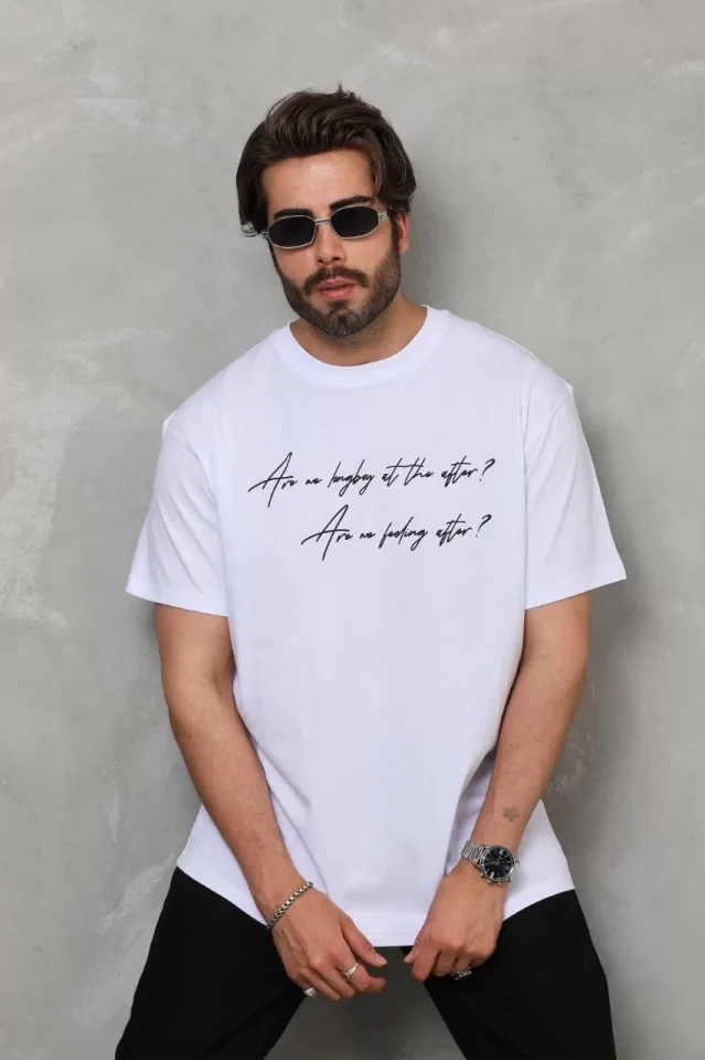 Unisex Bisiklet Yaka Baskılı Oversize T-Shirt – Beyaz