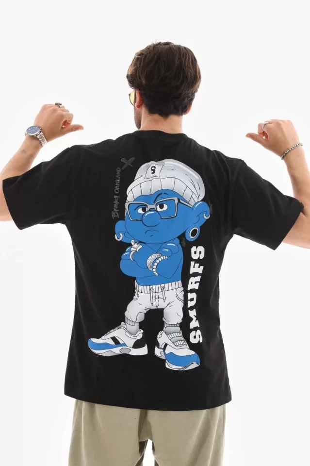 Unisex Bisiklet Yaka Baskılı Oversize T-Shirt – Siyah