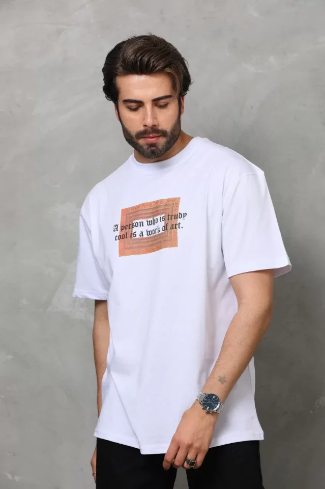 Unisex Bisiklet Yaka Baskılı Oversize T-Shirt – Beyaz