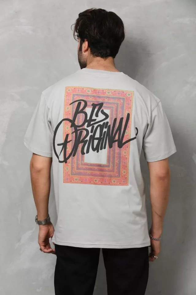 Unisex Bisiklet Yaka Baskılı Oversize T-Shirt – Gri