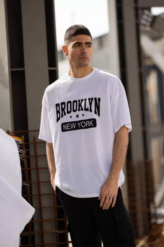 Unisex Bisiklet Yaka Baskılı Oversize T-Shirt – Beyaz
