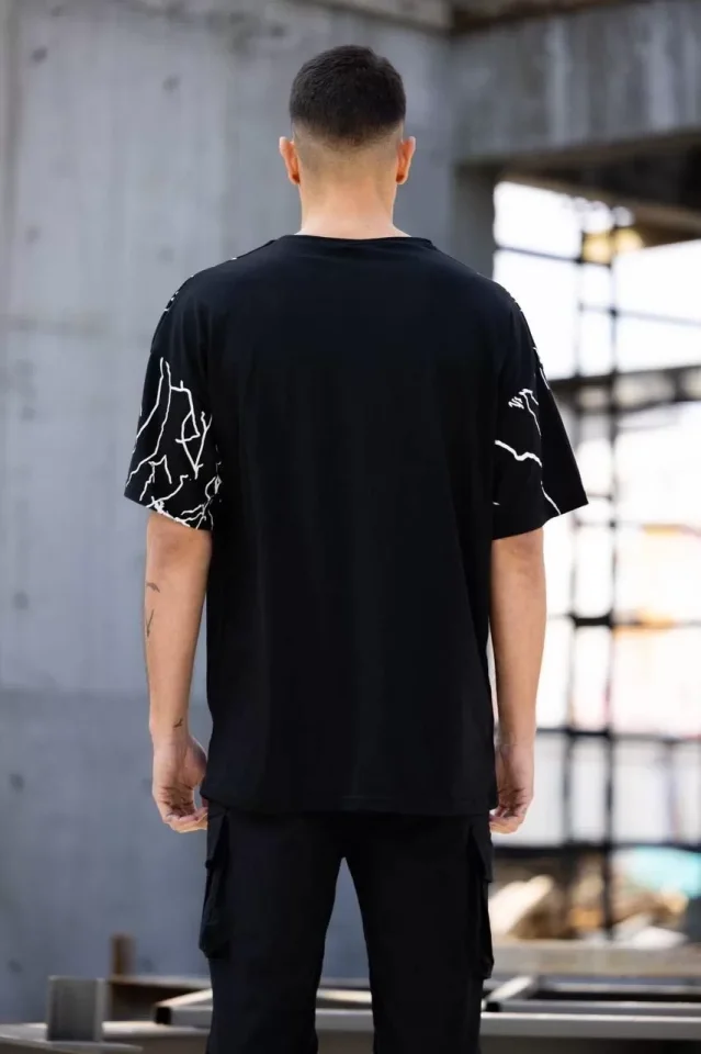 Unisex Bisiklet Yaka Baskılı Oversize T-Shirt – Siyah