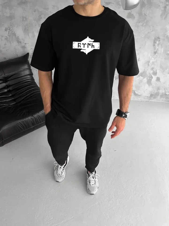Unisex Bisiklet Yaka Baskılı Double Oversize T-Shirt – Siyah