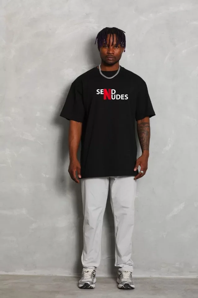 Unisex Bisiklet Yaka Double Oversize Baskılı T-Shirt – Siyah