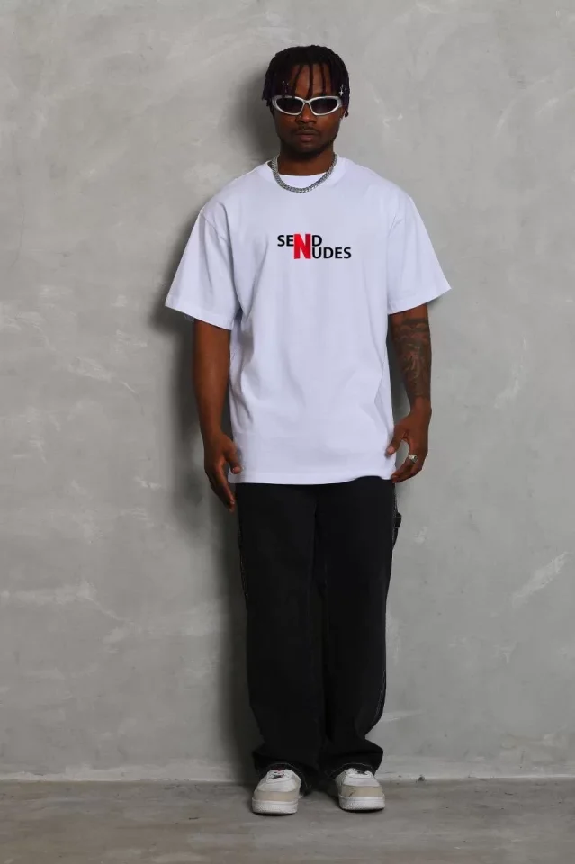 Unisex Bisiklet Yaka Double Oversize Baskılı T-Shirt – Beyaz
