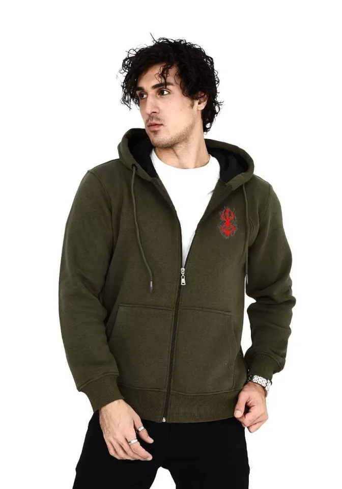 Unisex Baskılı Tam Fermuarlı Kapşonlu SweatShirt – Haki