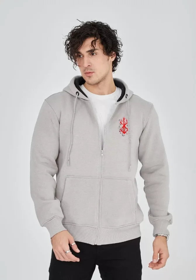 Unisex Baskılı Tam Fermuarlı Kapşonlu SweatShirt – Boyalı Gri