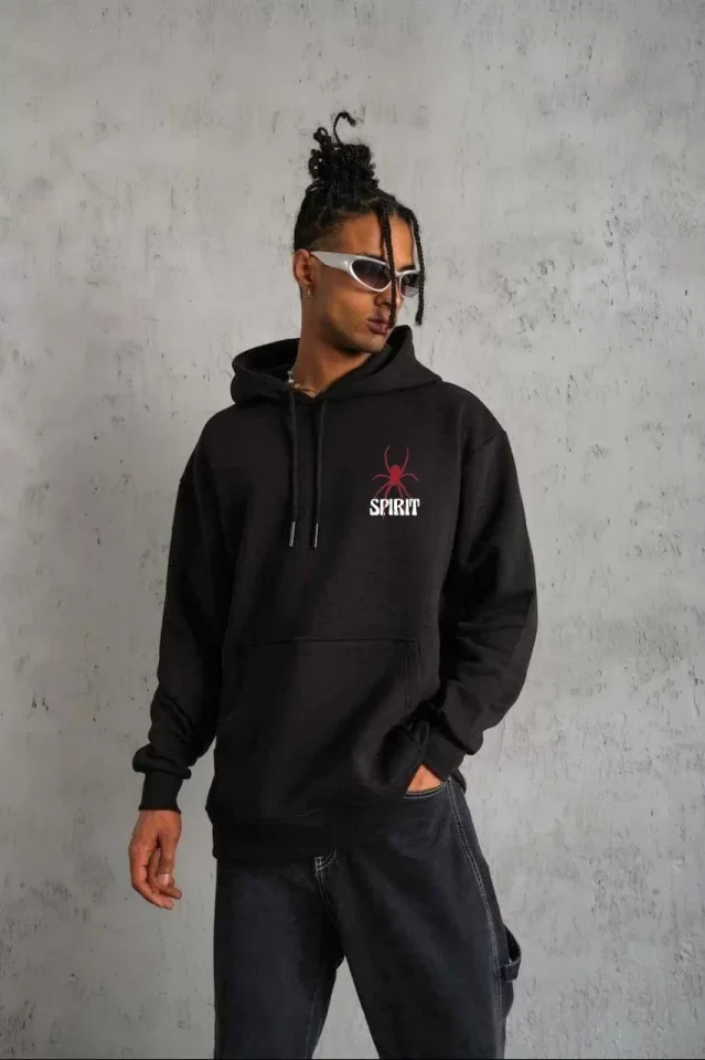 Unisex Kapşonlu Baskılı Sweetshirt – Siyah