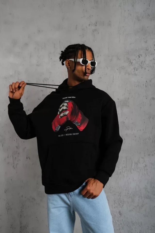 Erkek Eldiven Baskılı Kapüşonlu Sweat – Siyah
