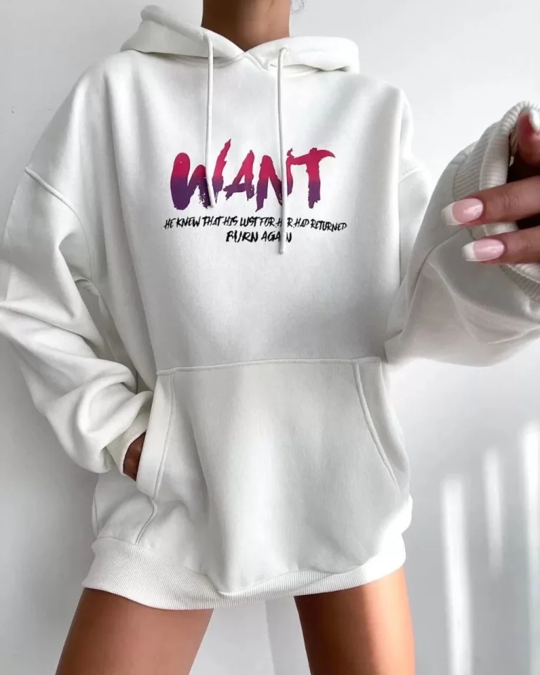 Baskılı Üç İplik Kapüşonlu Oversize Sweatshirt – Beyaz